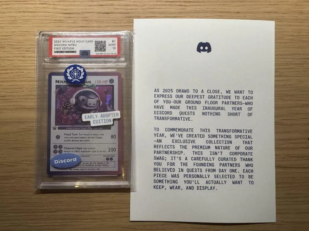 Discord Founding Partner recognition letter beside a limited Wumpus Holo Card